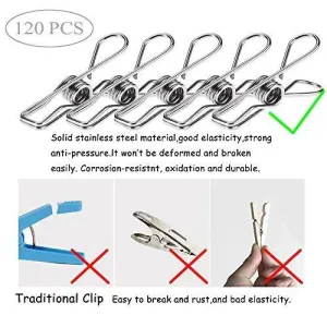 120 Pack Stainless Steel Cloth Pin, 2.2 Inch Clothesline Hook for Socks Towel Bag Scarfs Hang Drying Rack Tool, Laundry Kitchen Cord Wire Line Clothespins Pegs, File Paper Bookmark S Binder Metal Clip