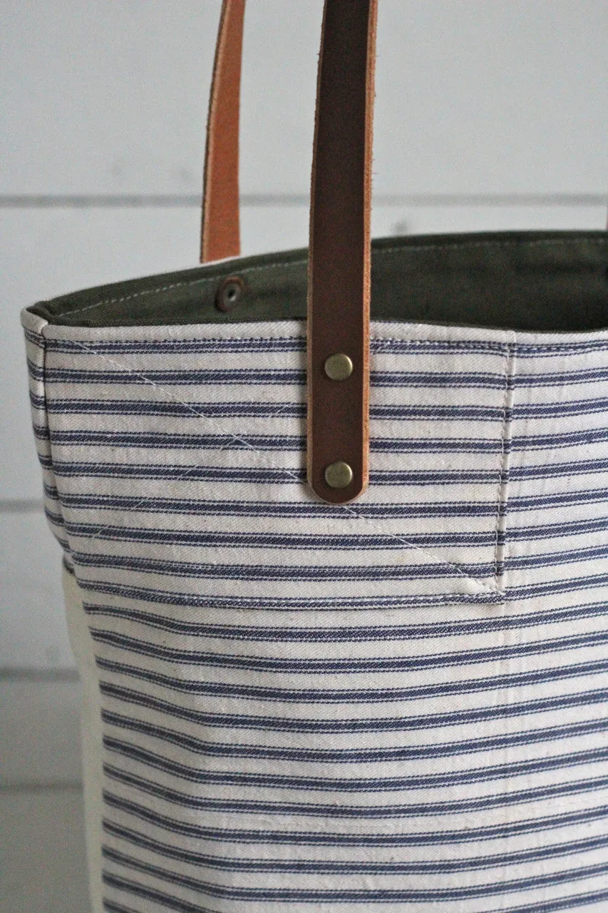1950's era Ticking Fabric Pocket Tote Bag
