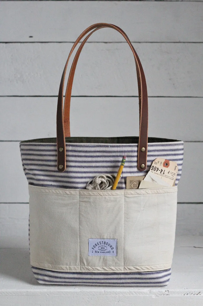 1950's era Ticking Fabric Pocket Tote Bag