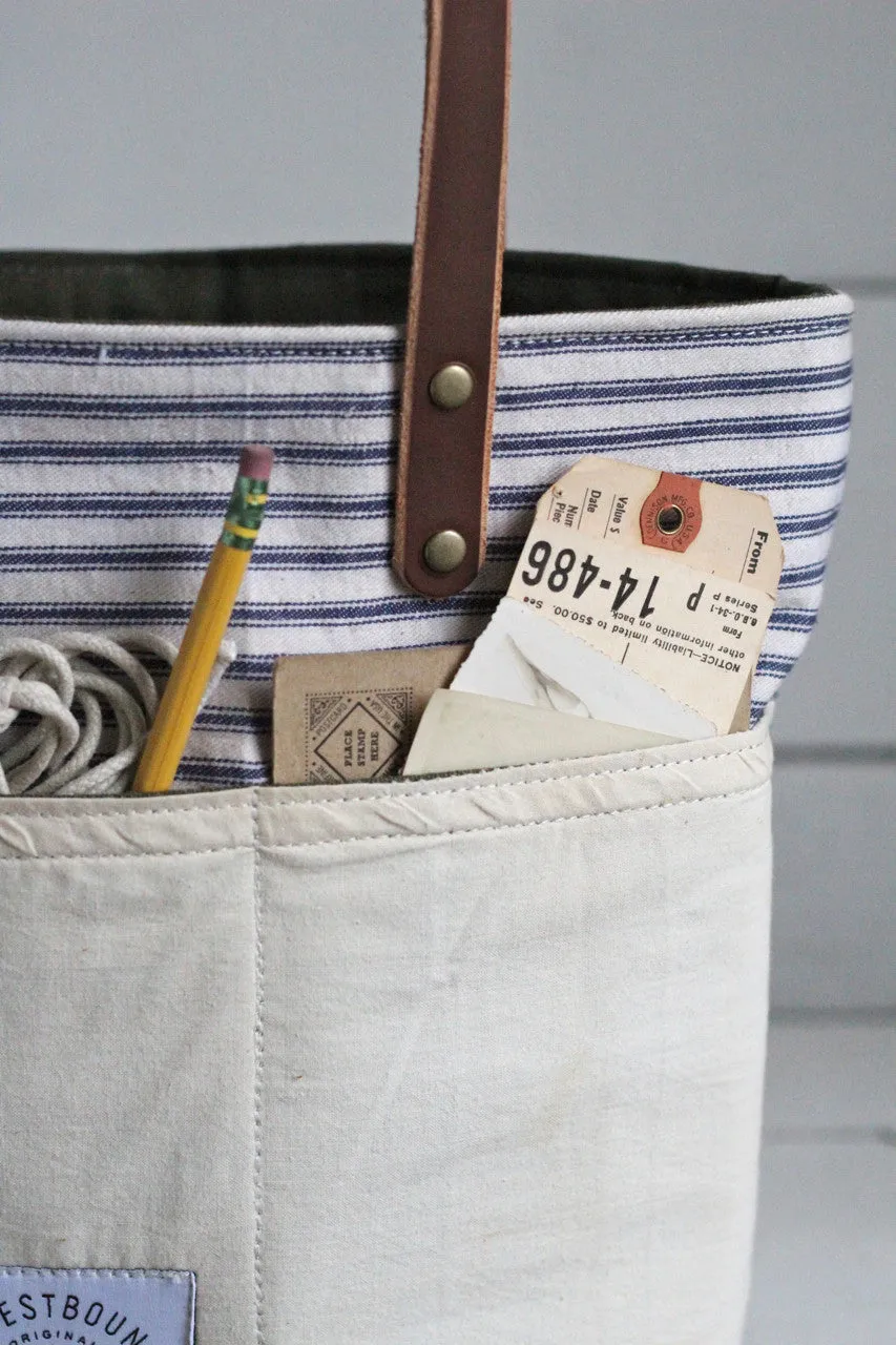 1950's era Ticking Fabric Pocket Tote Bag