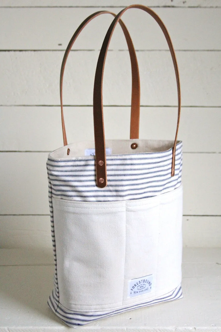 1950's era Ticking Fabric Pocket Tote Bag