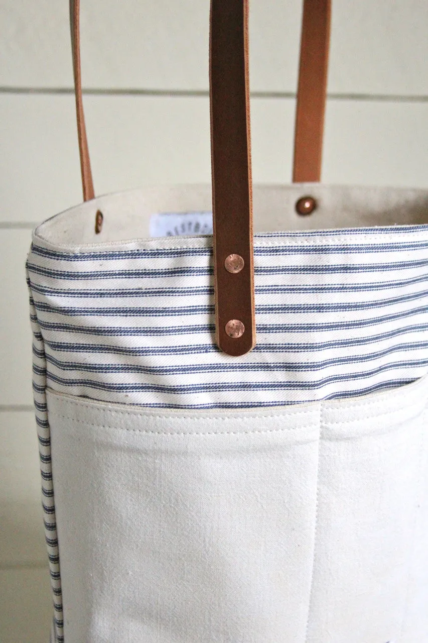 1950's era Ticking Fabric Pocket Tote Bag