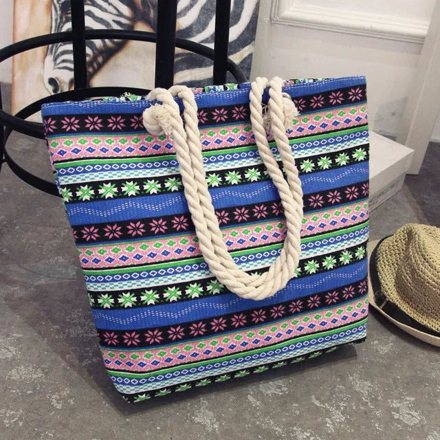 2017 New Summer Women Canvas bohemian style striped Shoulder Beach Bag Female Casual Tote Shopping Big Bag floral Messenger Bags