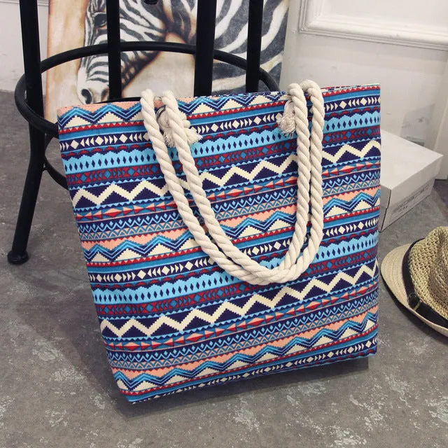 2017 New Summer Women Canvas bohemian style striped Shoulder Beach Bag Female Casual Tote Shopping Big Bag floral Messenger Bags
