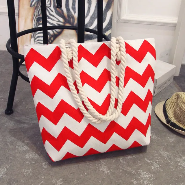2017 New Summer Women Canvas bohemian style striped Shoulder Beach Bag Female Casual Tote Shopping Big Bag floral Messenger Bags