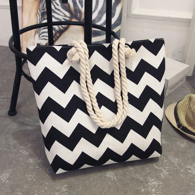 2017 New Summer Women Canvas bohemian style striped Shoulder Beach Bag Female Casual Tote Shopping Big Bag floral Messenger Bags