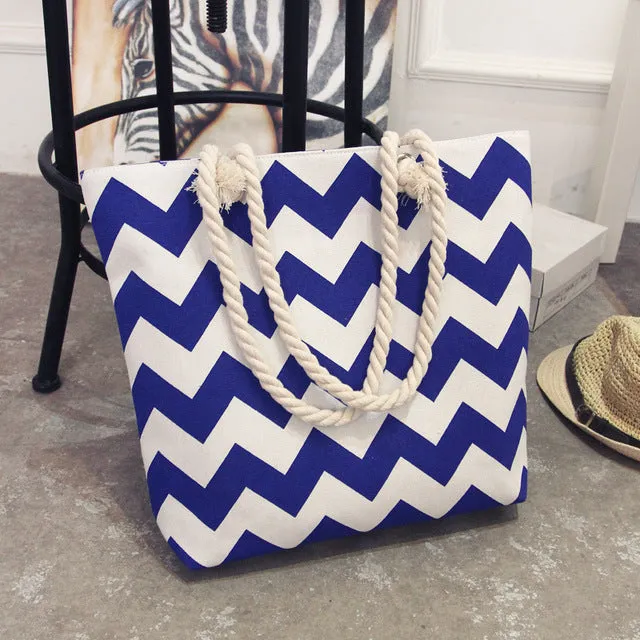 2017 New Summer Women Canvas bohemian style striped Shoulder Beach Bag Female Casual Tote Shopping Big Bag floral Messenger Bags