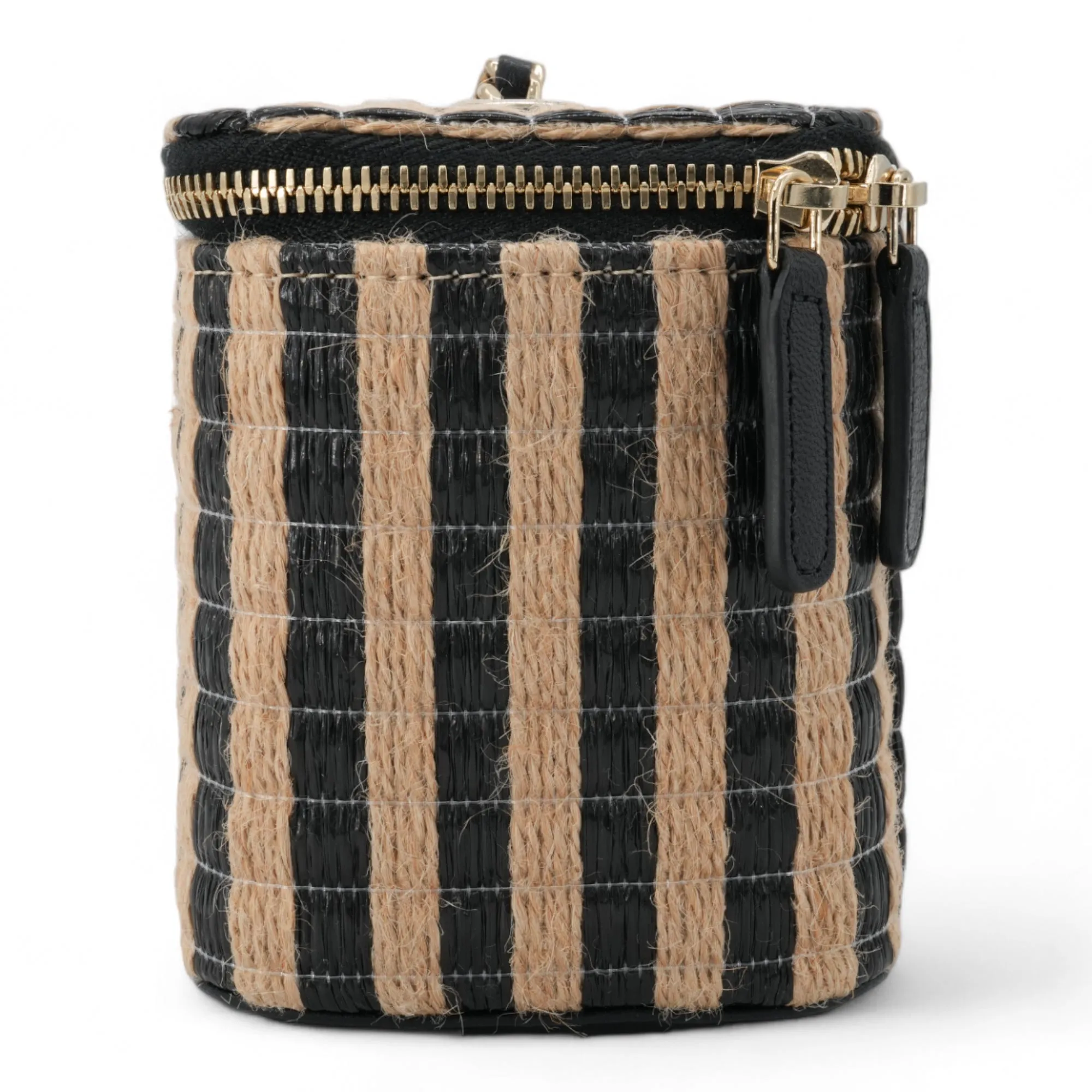 21P Raffia Black Beige Stripe Small Vanity Case with Chain