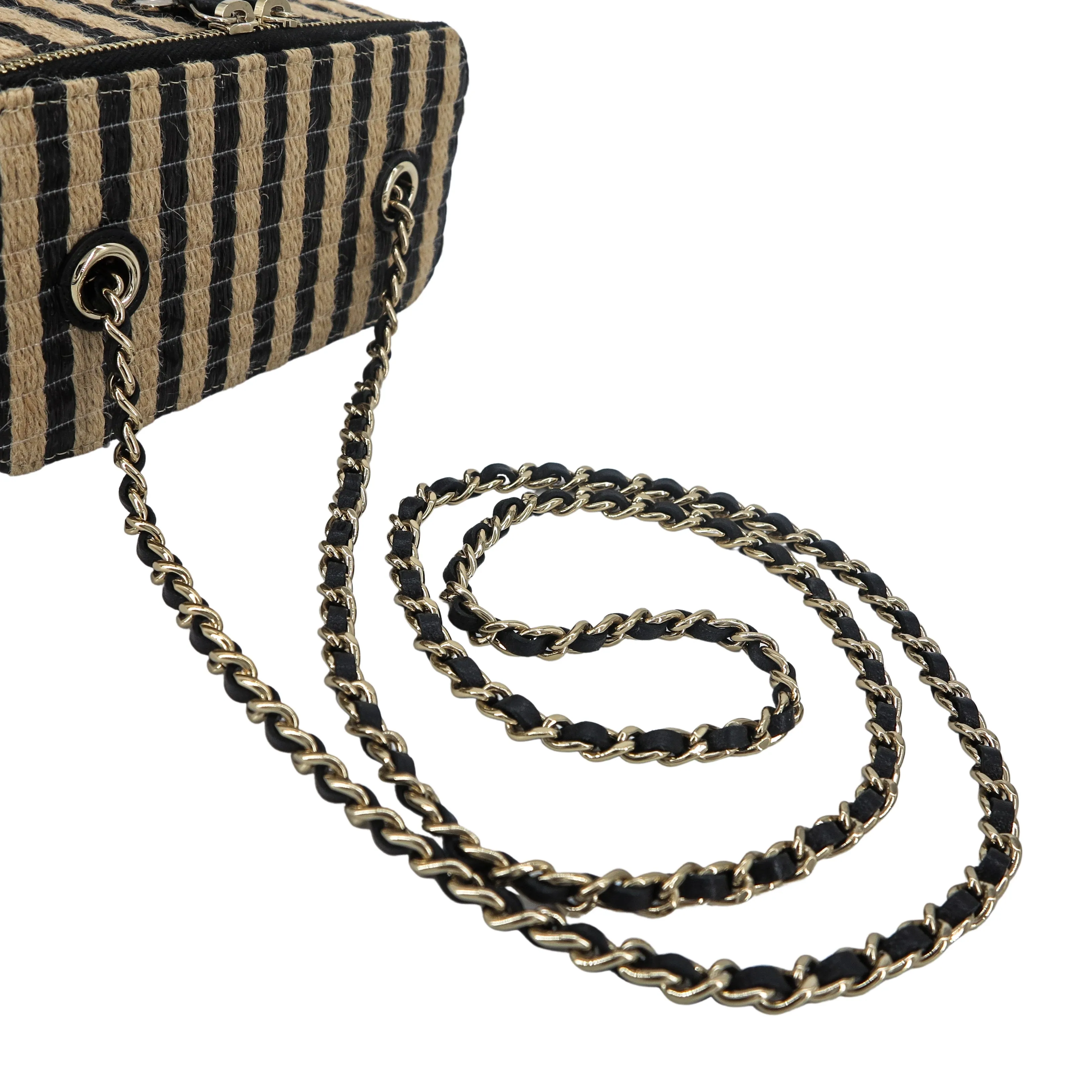 21P Raffia Black Beige Stripe Small Vanity Case with Chain