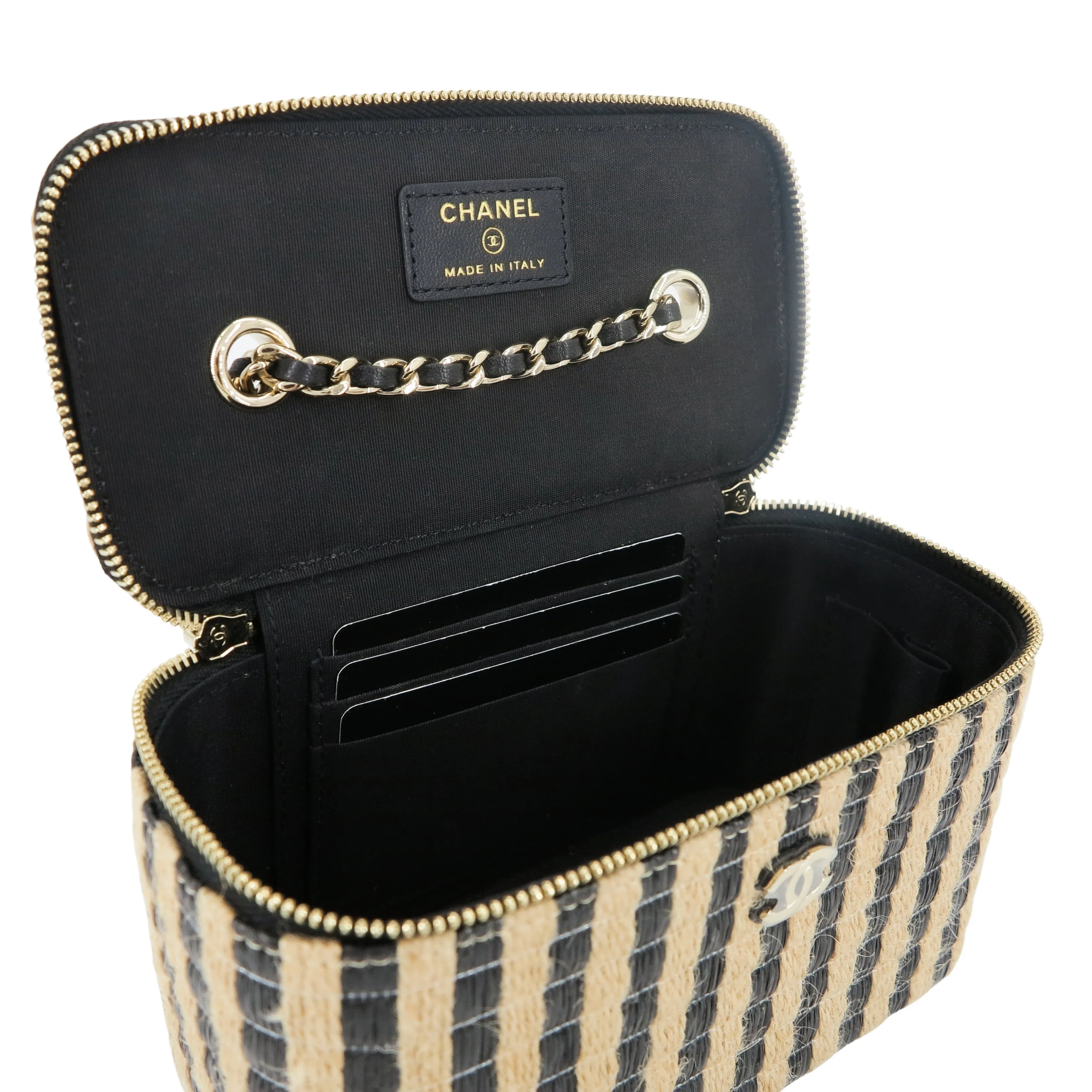 21P Raffia Black Beige Stripe Small Vanity Case with Chain