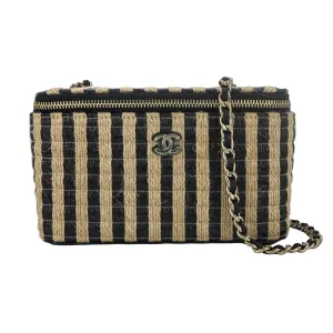 21P Raffia Black Beige Stripe Small Vanity Case with Chain
