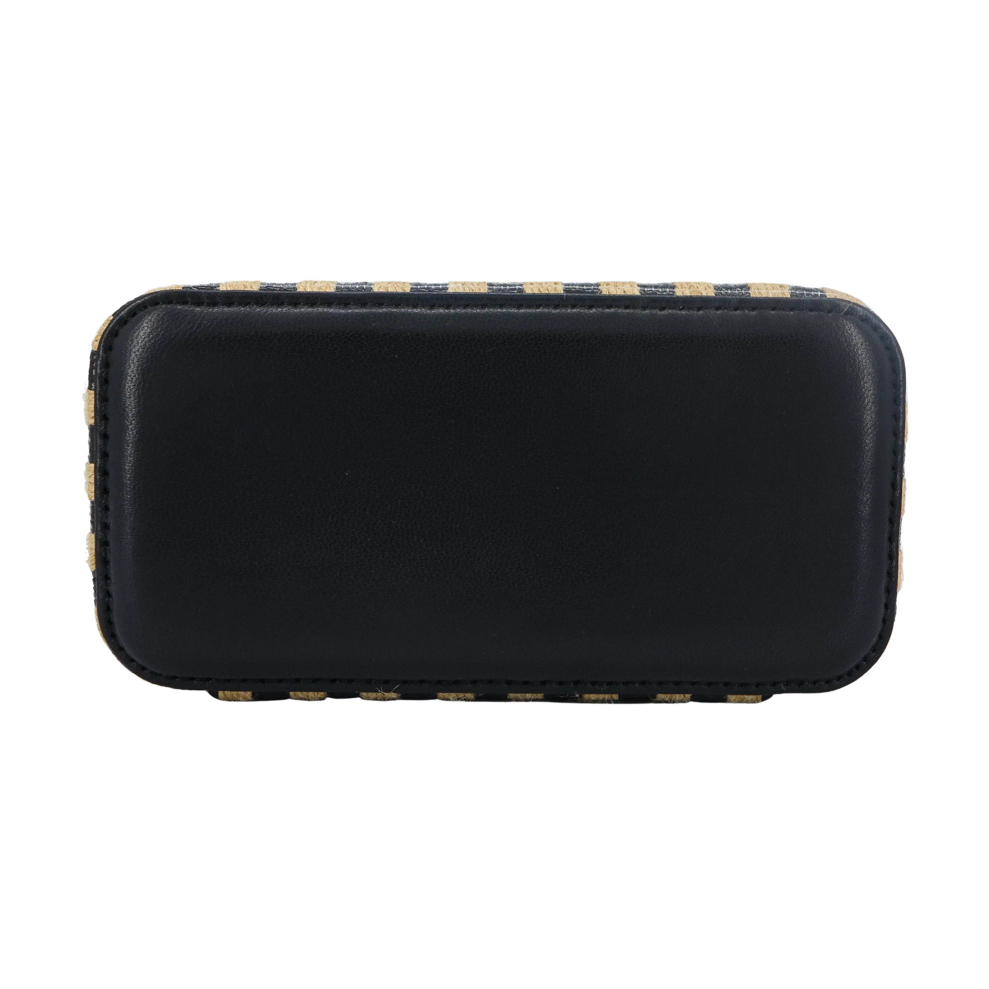 21P Raffia Black Beige Stripe Small Vanity Case with Chain