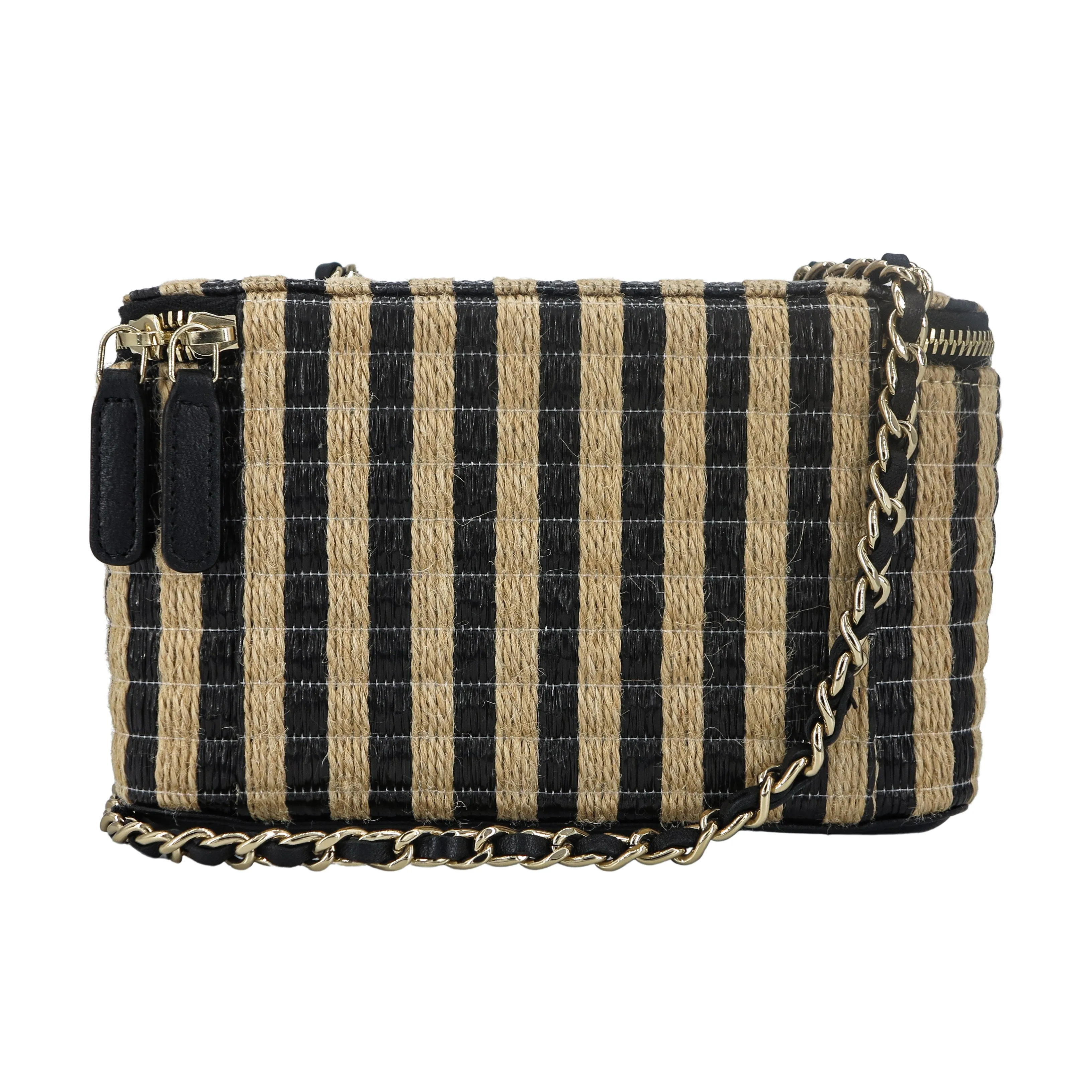 21P Raffia Black Beige Stripe Small Vanity Case with Chain