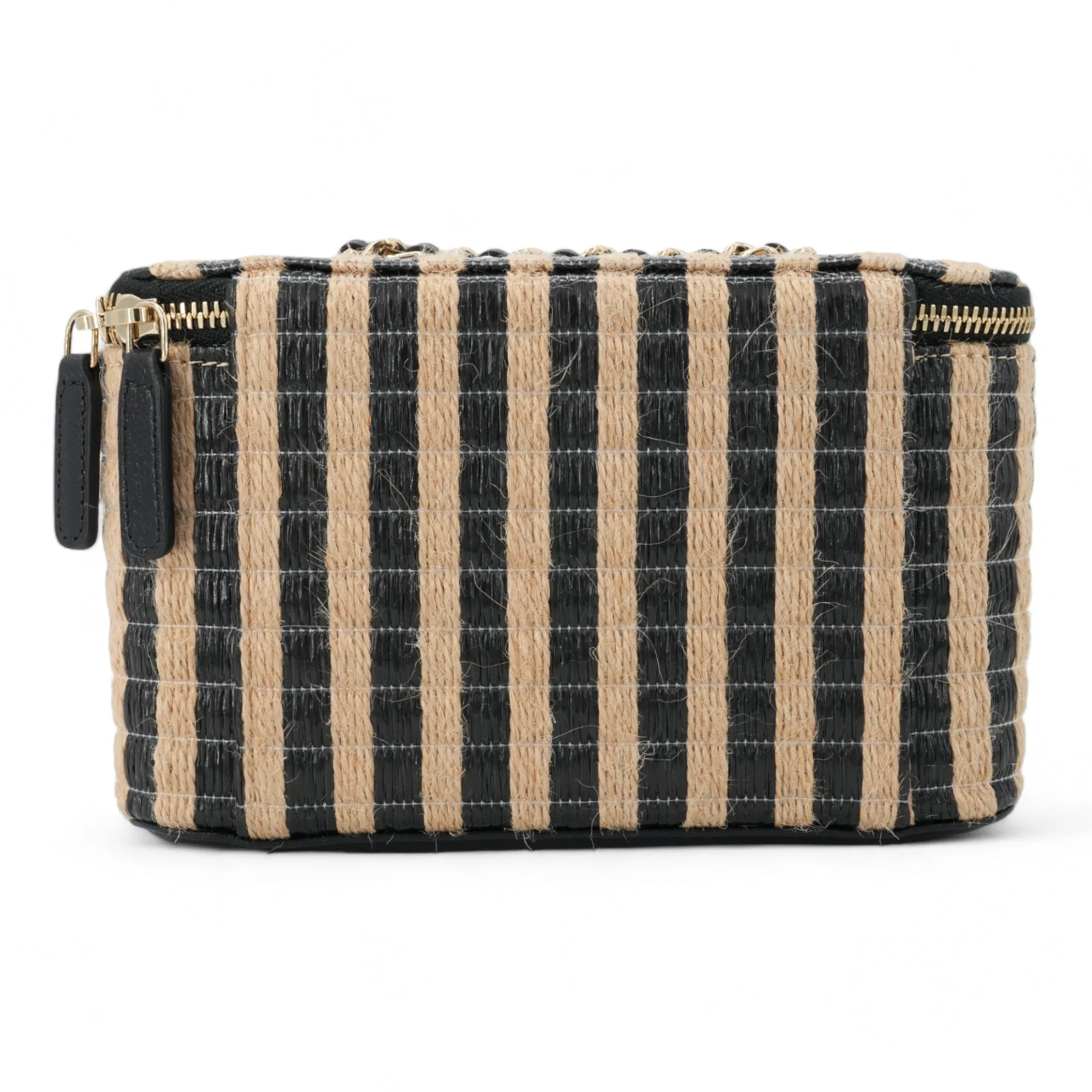 21P Raffia Black Beige Stripe Small Vanity Case with Chain