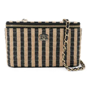 21P Raffia Black Beige Stripe Small Vanity Case with Chain