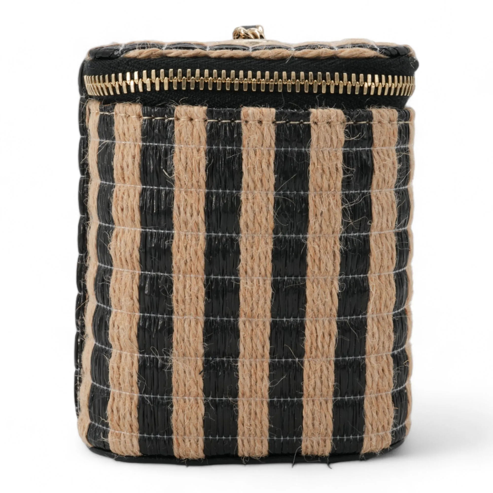 21P Raffia Black Beige Stripe Small Vanity Case with Chain