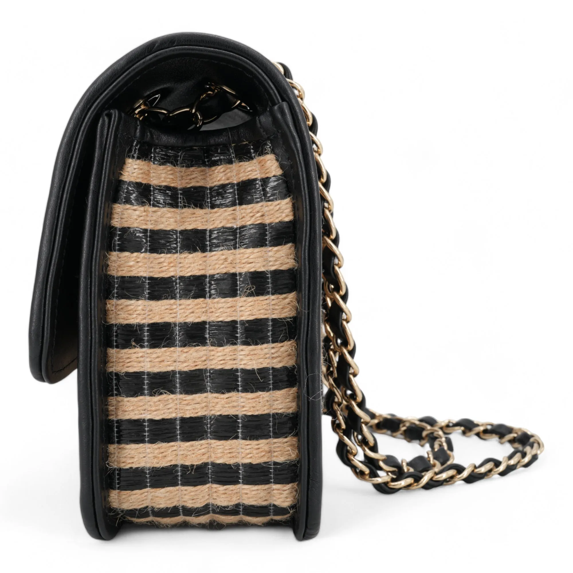 21P Raffia Jute Black Beige Stripe Medium Flap Bag