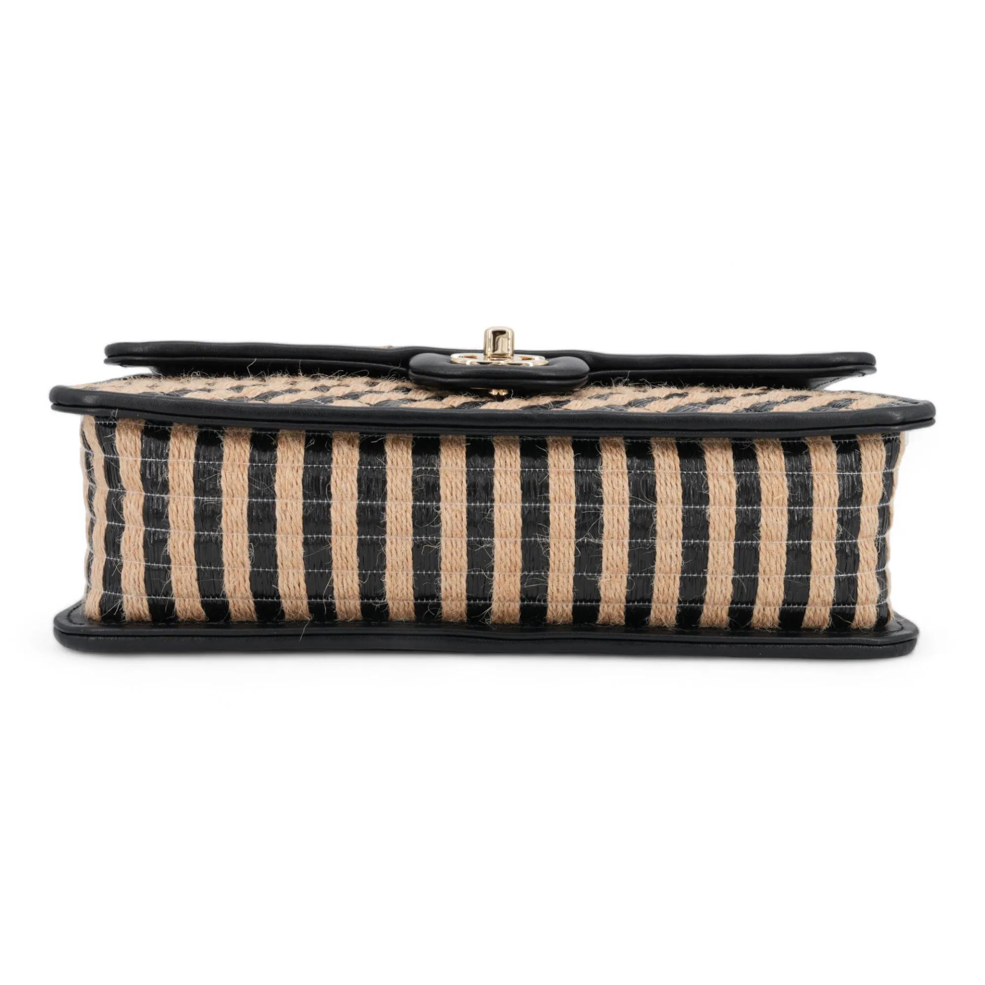 21P Raffia Jute Black Beige Stripe Medium Flap Bag