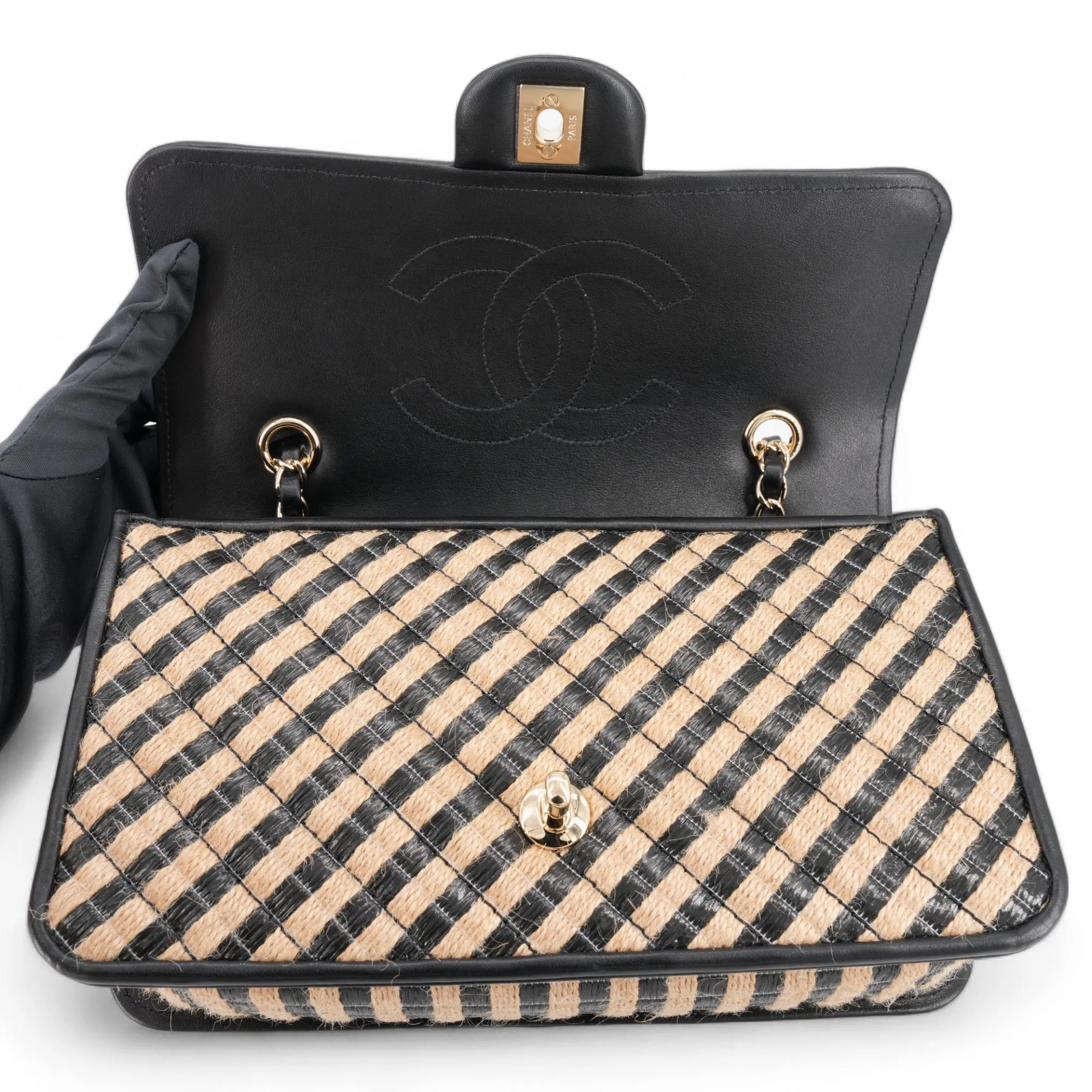 21P Raffia Jute Black Beige Stripe Medium Flap Bag