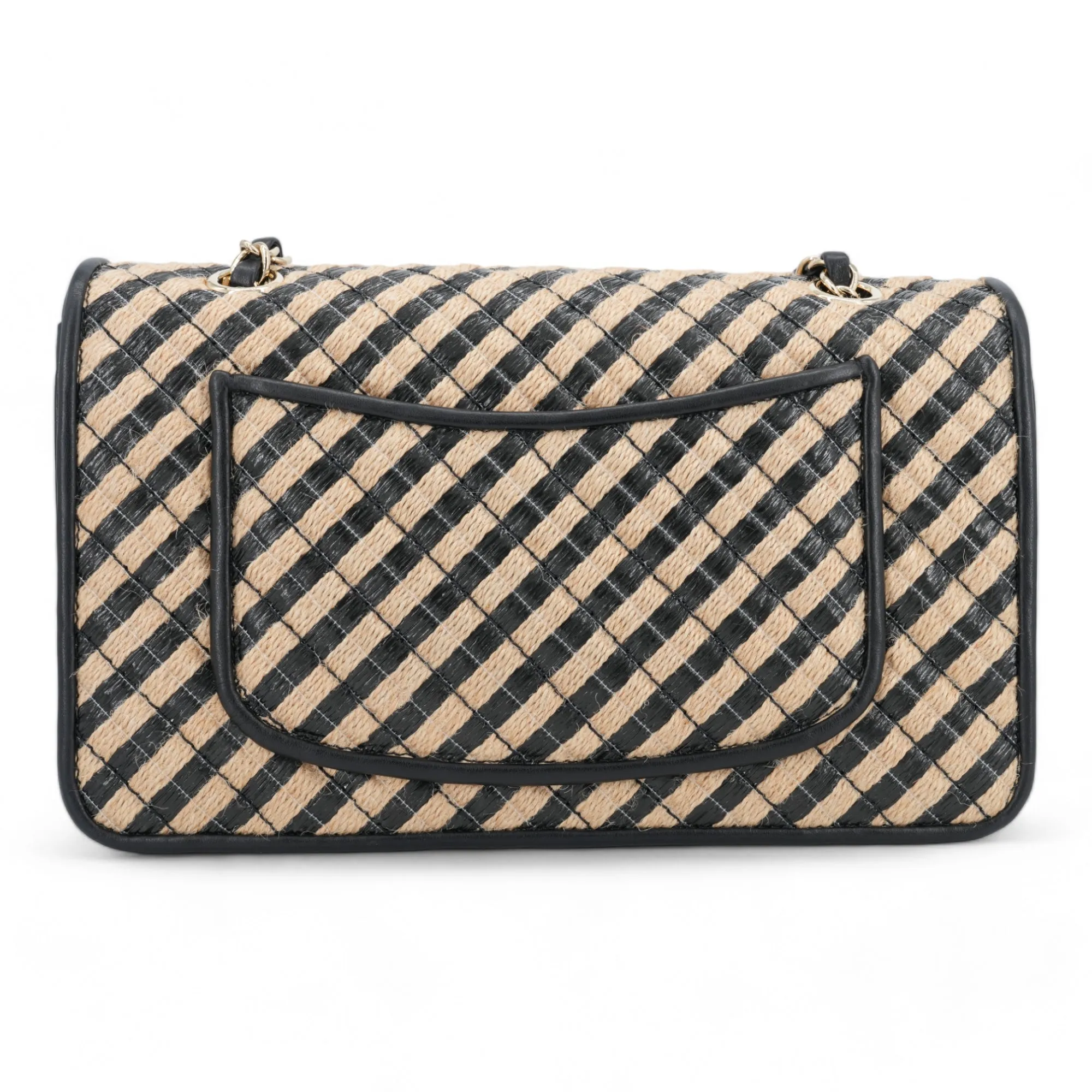 21P Raffia Jute Black Beige Stripe Medium Flap Bag