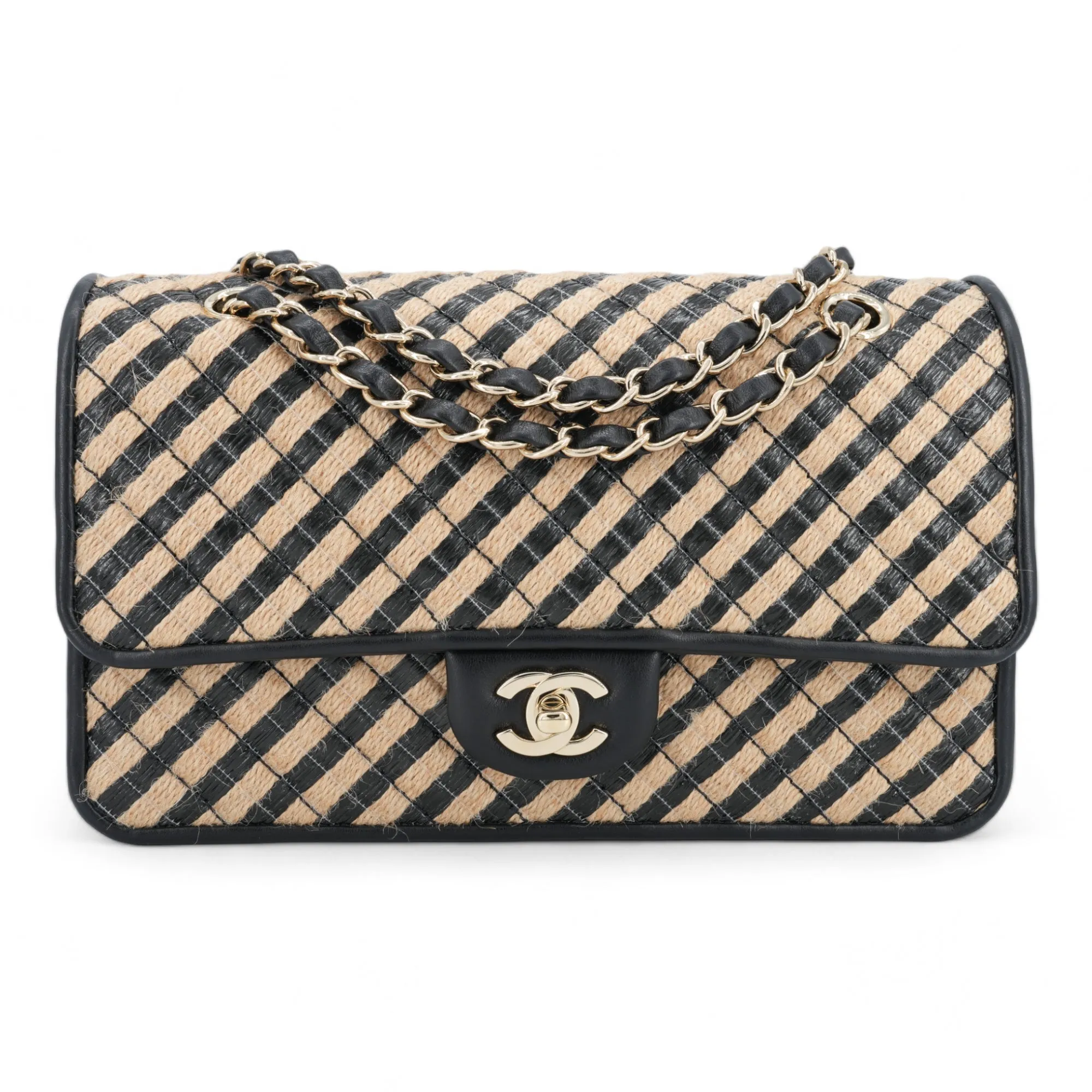 21P Raffia Jute Black Beige Stripe Medium Flap Bag