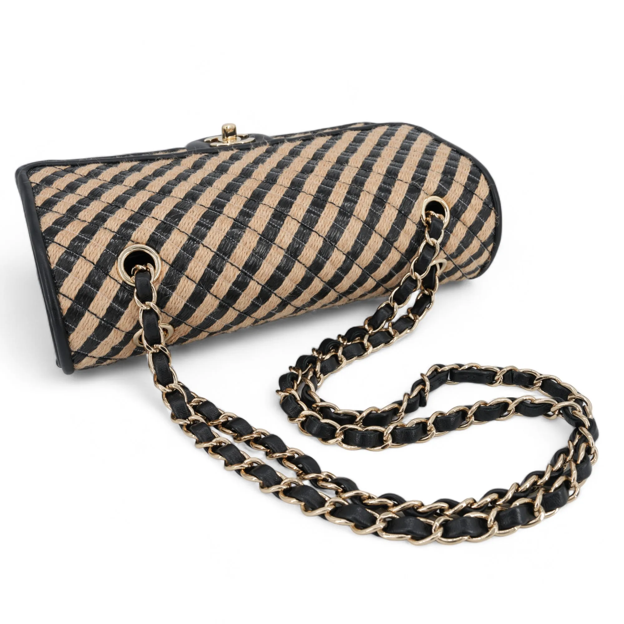 21P Raffia Jute Black Beige Stripe Medium Flap Bag