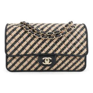 21P Raffia Jute Black Beige Stripe Medium Flap Bag
