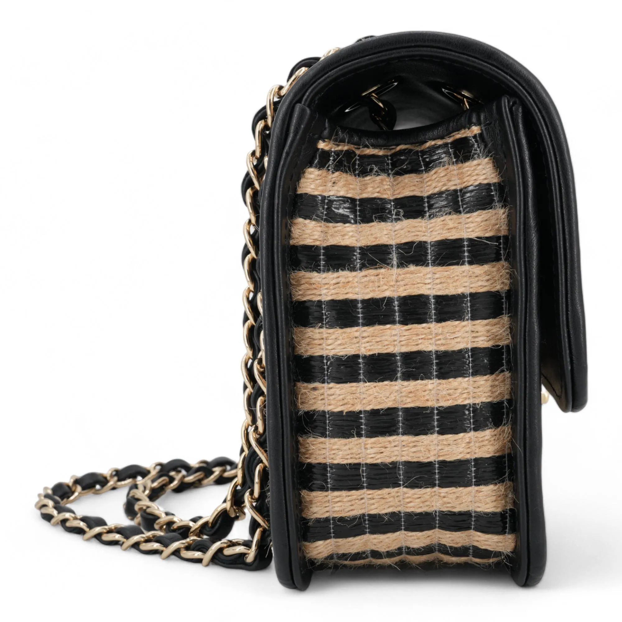 21P Raffia Jute Black Beige Stripe Medium Flap Bag