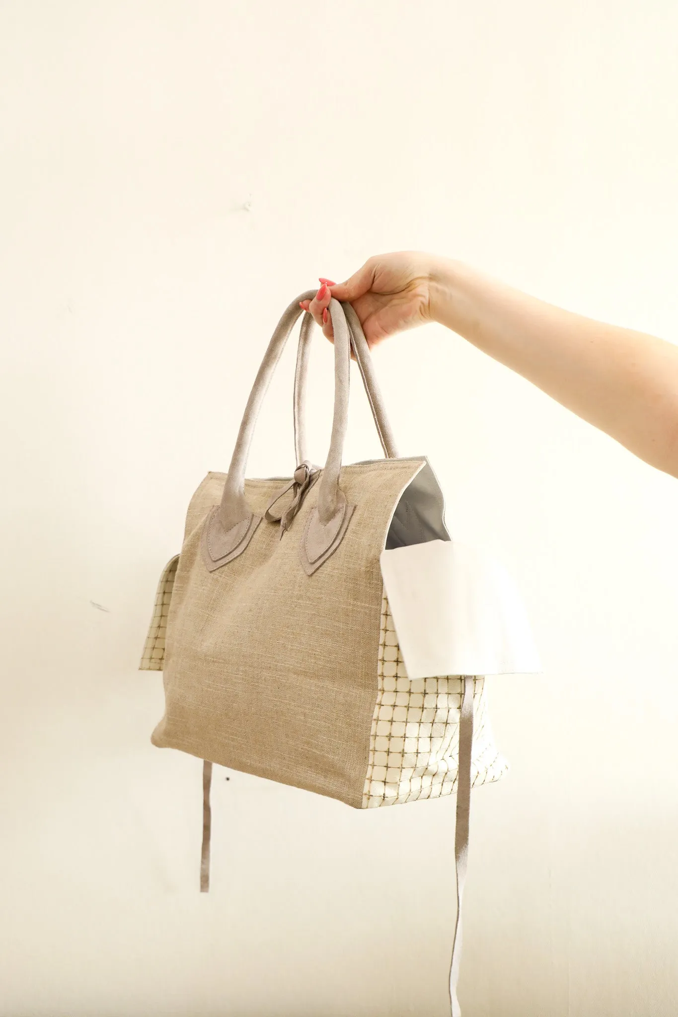 (50% OFF) Let & Her Medium Bag - Linen & Perforated White Leather