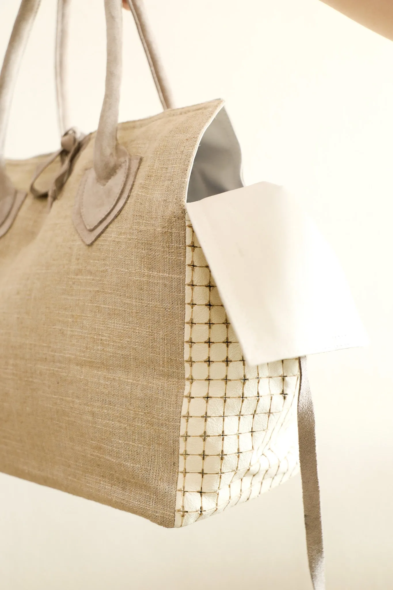 (50% OFF) Let & Her Medium Bag - Linen & Perforated White Leather