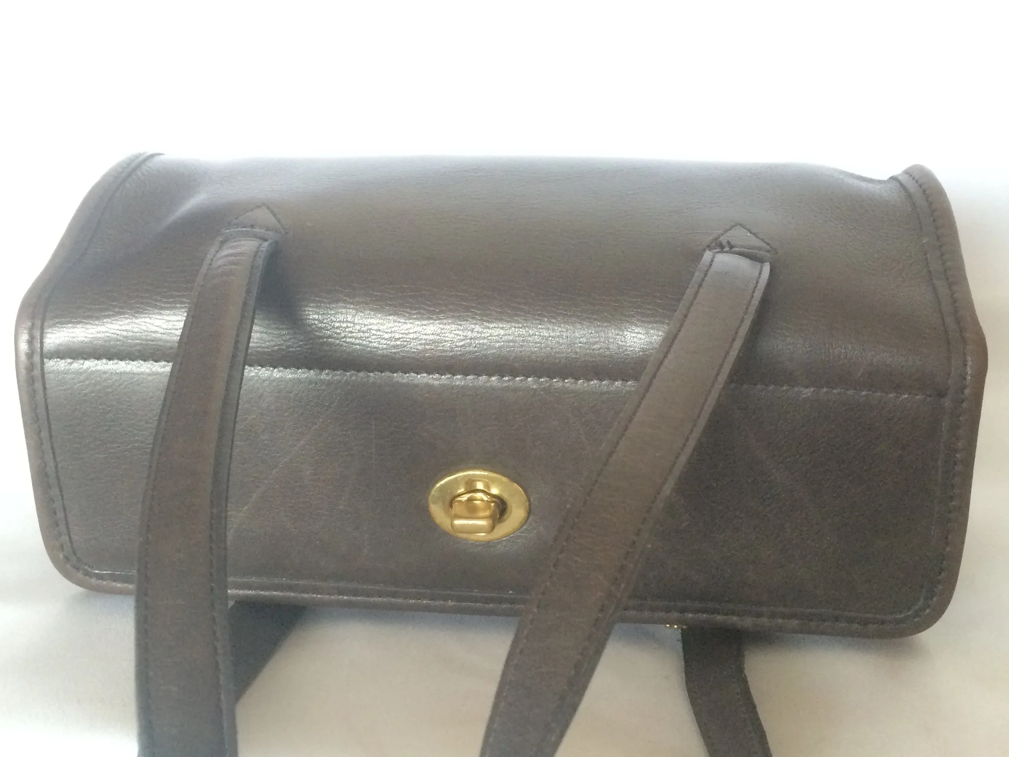 80's Vintage COACH dark brown leather shoulder bag, handbag in unique drum shape, Made in USA Classic unisex purse. Rare