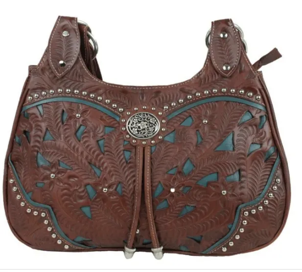 American West Handbag Lady Lace Collection: Leather Western Zip Top 3 Compartment