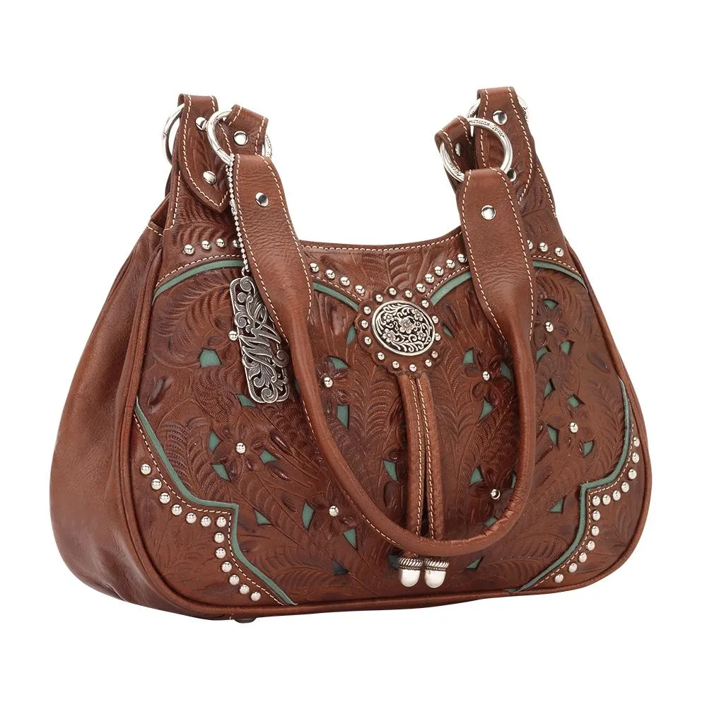 American West Handbag Lady Lace Collection: Leather Western Zip Top 3 Compartment