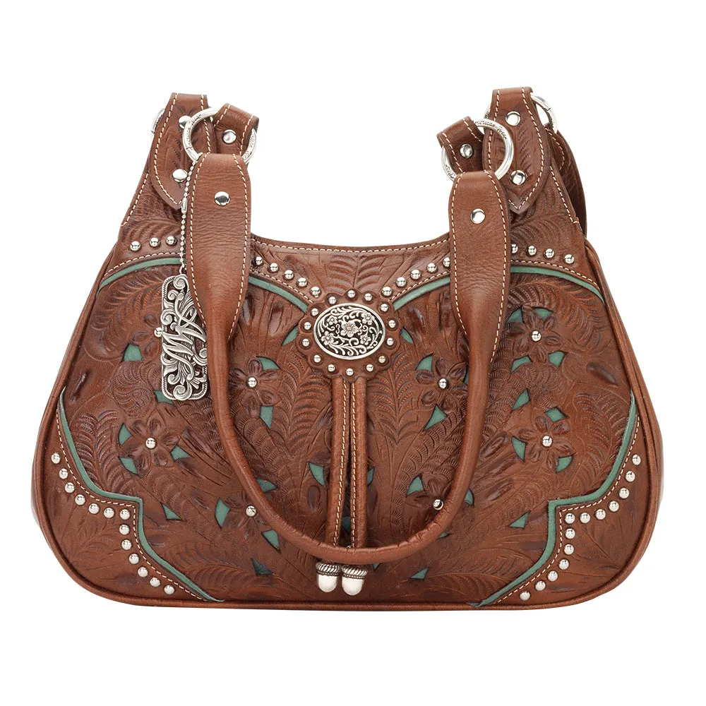 American West Handbag Lady Lace Collection: Leather Western Zip Top 3 Compartment