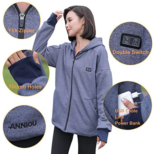 Anniou Blue and Grey Heated Zip Hoodie