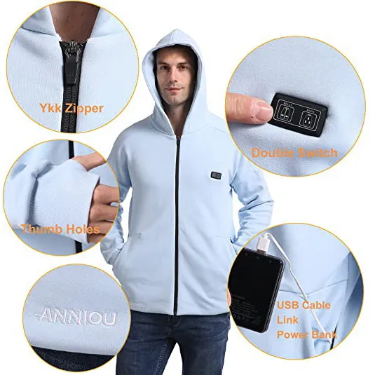 Anniou Blue and Grey Heated Zip Hoodie