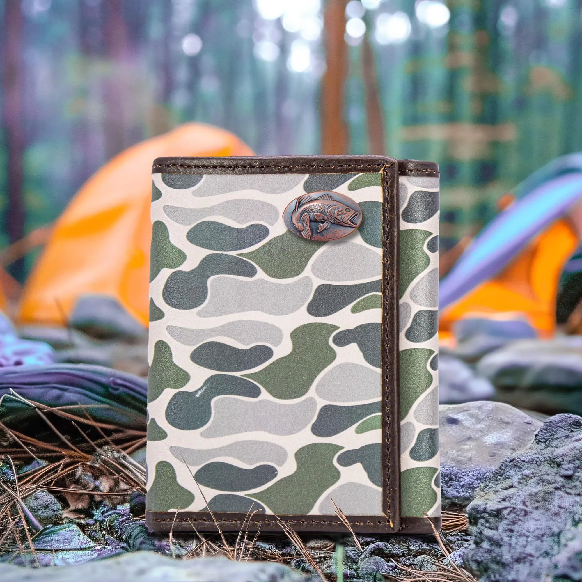 Bass Men's Trifold Old School Camo Leather Wallet.