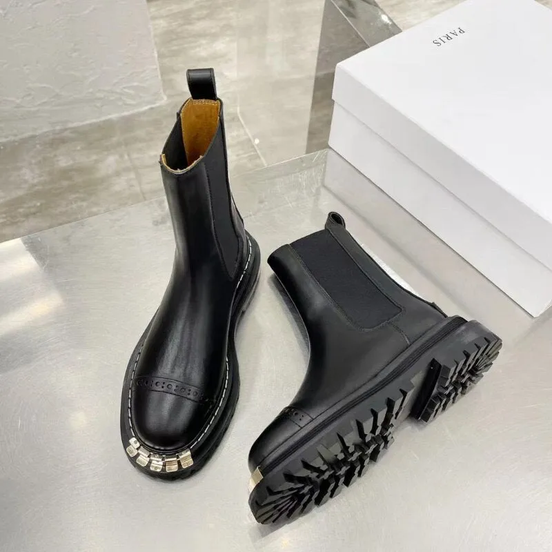Black Elasticated chunky platform biker ankle boots