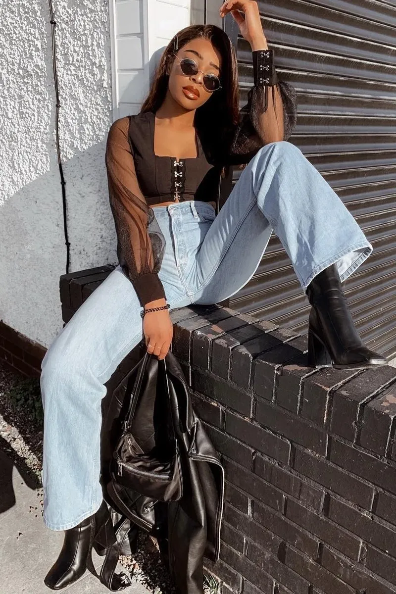 Black Hook And Eye Mesh Sleeve Crop Top - Raylen