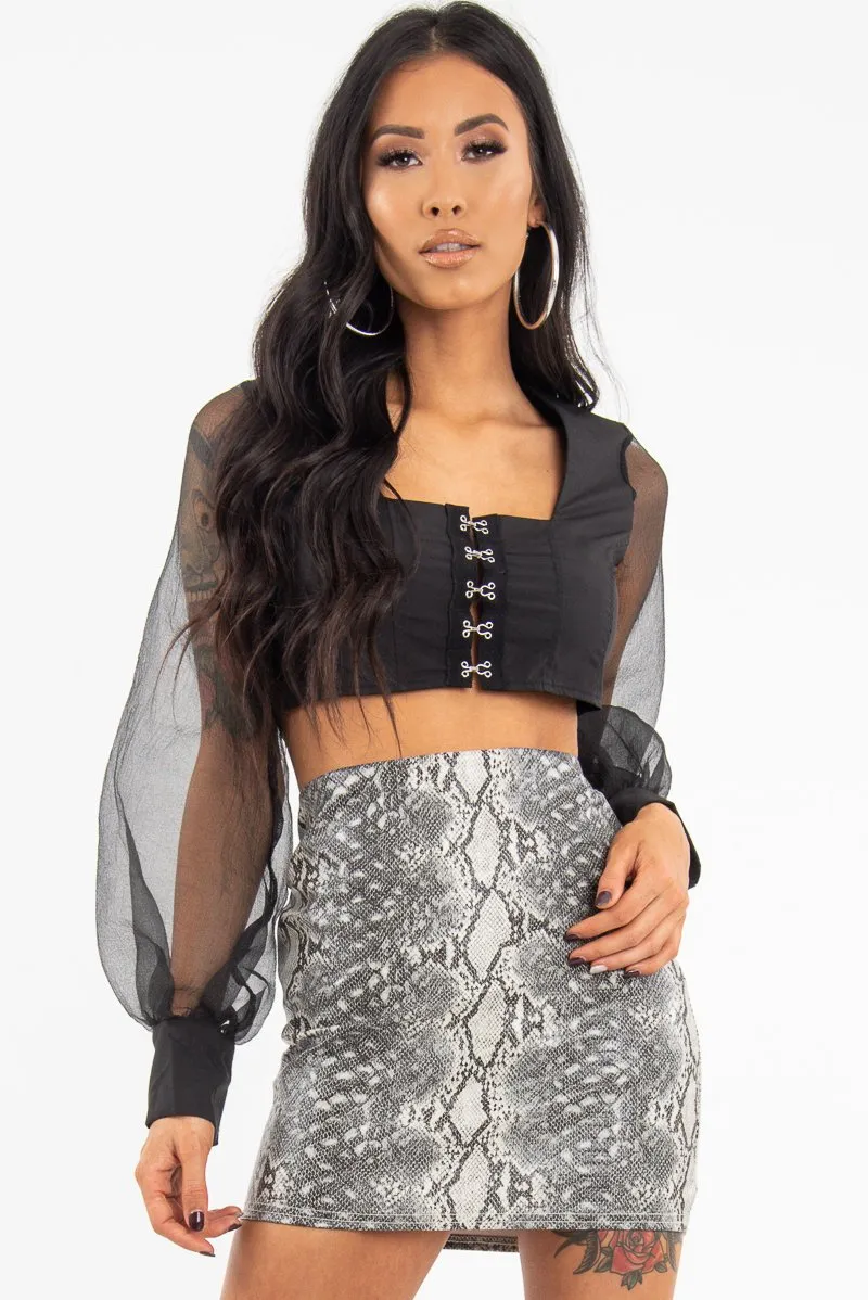 Black Hook And Eye Mesh Sleeve Crop Top - Raylen