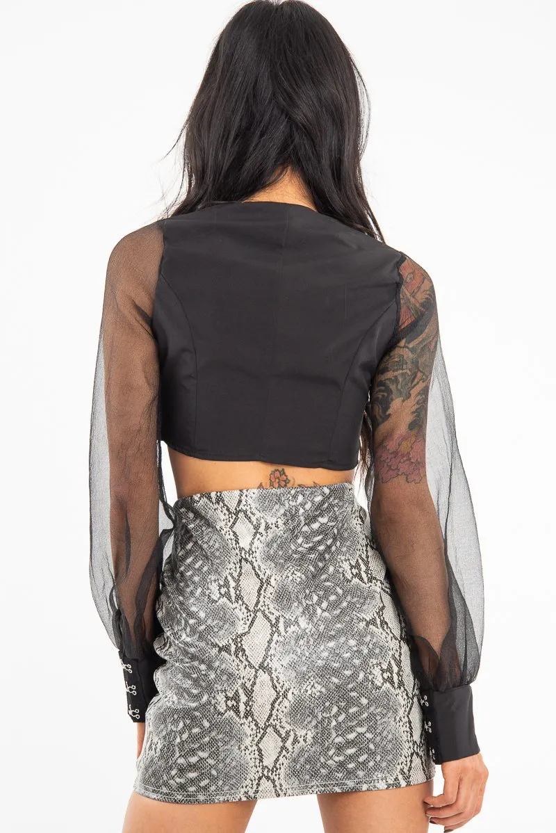 Black Hook And Eye Mesh Sleeve Crop Top - Raylen