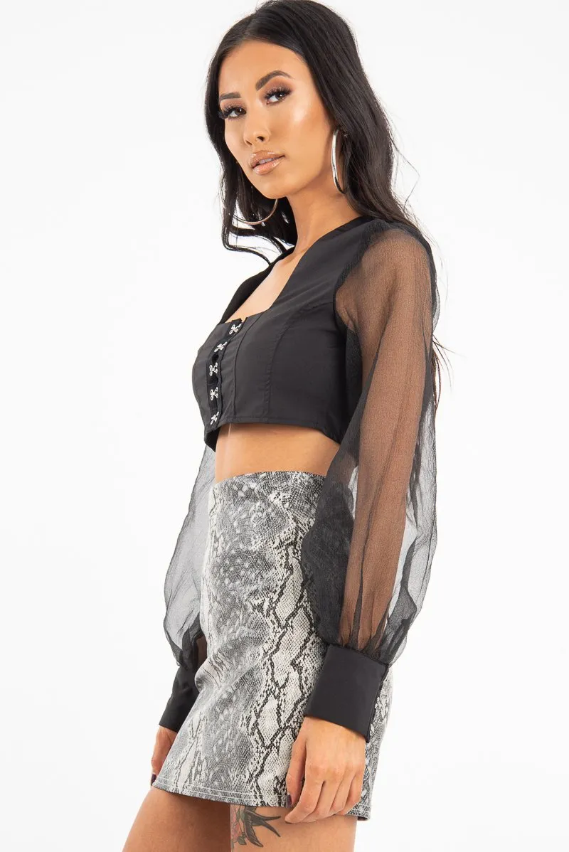 Black Hook And Eye Mesh Sleeve Crop Top - Raylen