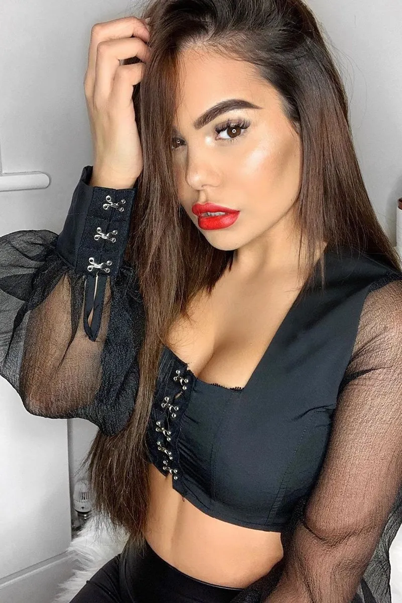 Black Hook And Eye Mesh Sleeve Crop Top - Raylen
