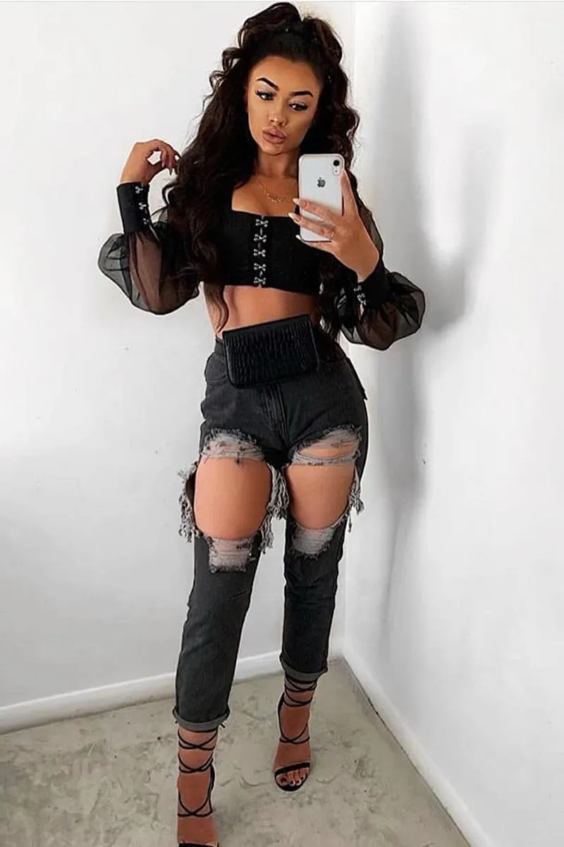 Black Hook And Eye Mesh Sleeve Crop Top - Raylen