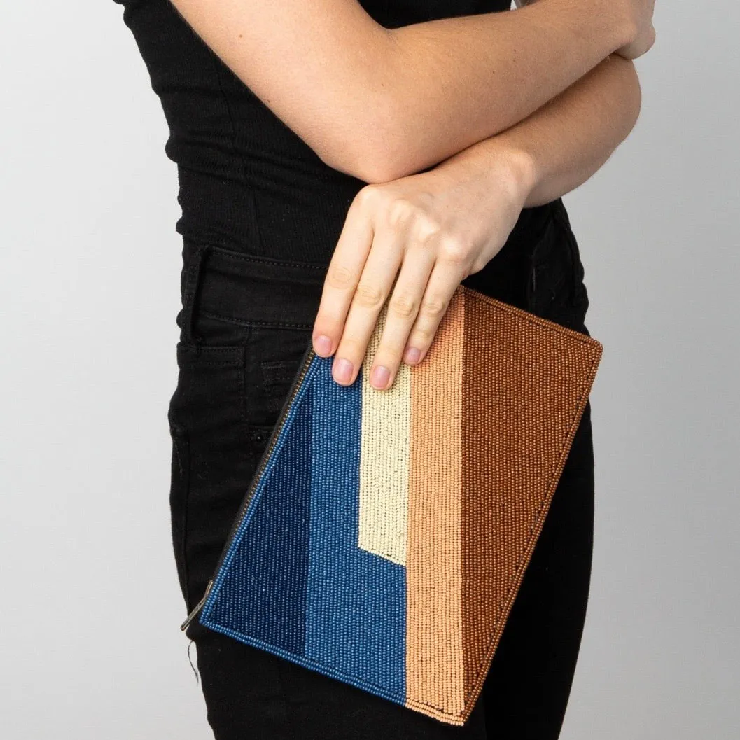 Blue   Browns Striped Beaded Clutch
