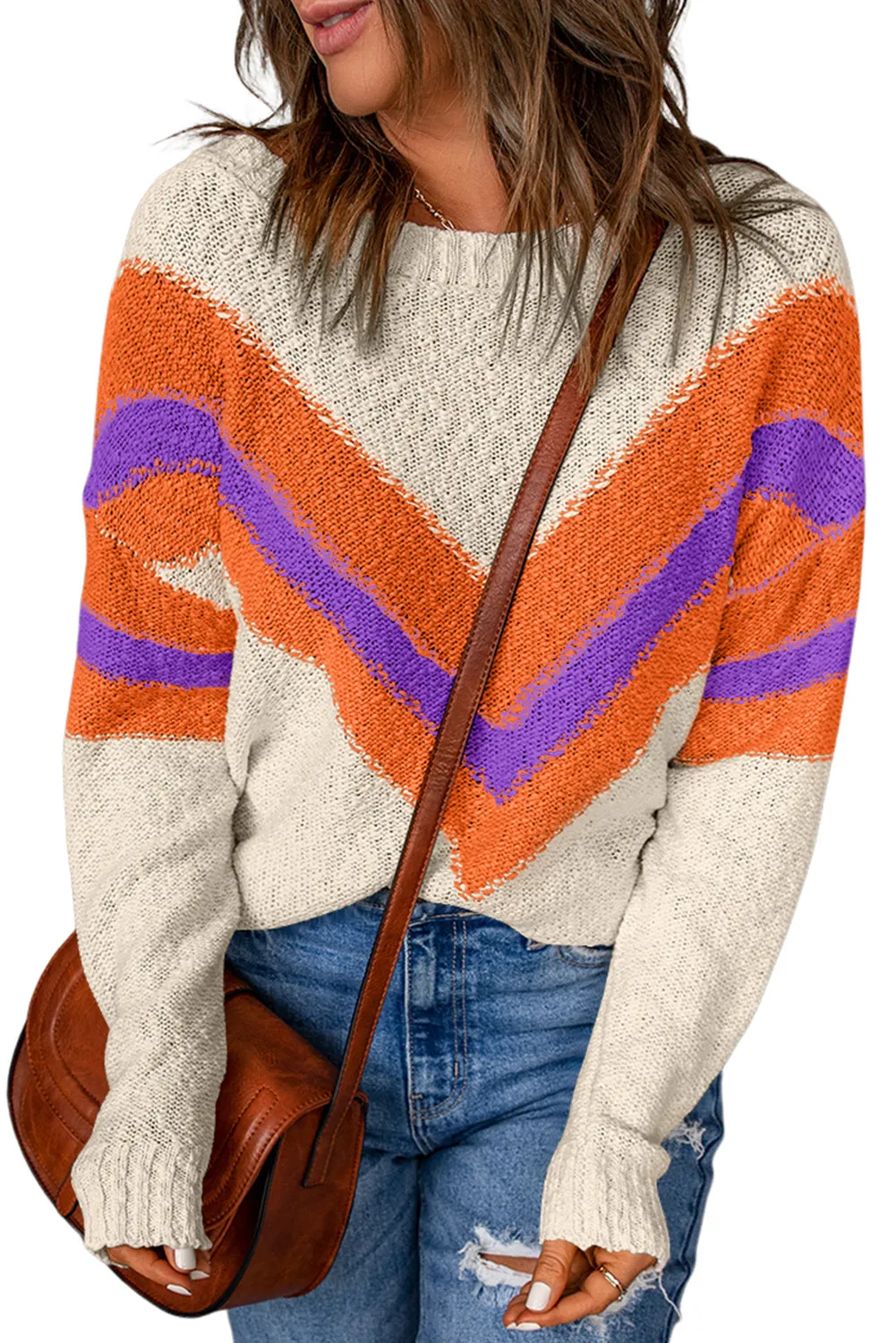 Bright White Chevron Striped Drop Shoulder Sweater