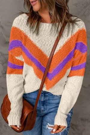 Bright White Chevron Striped Drop Shoulder Sweater