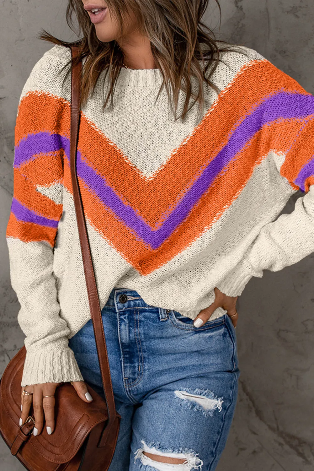 Bright White Chevron Striped Drop Shoulder Sweater
