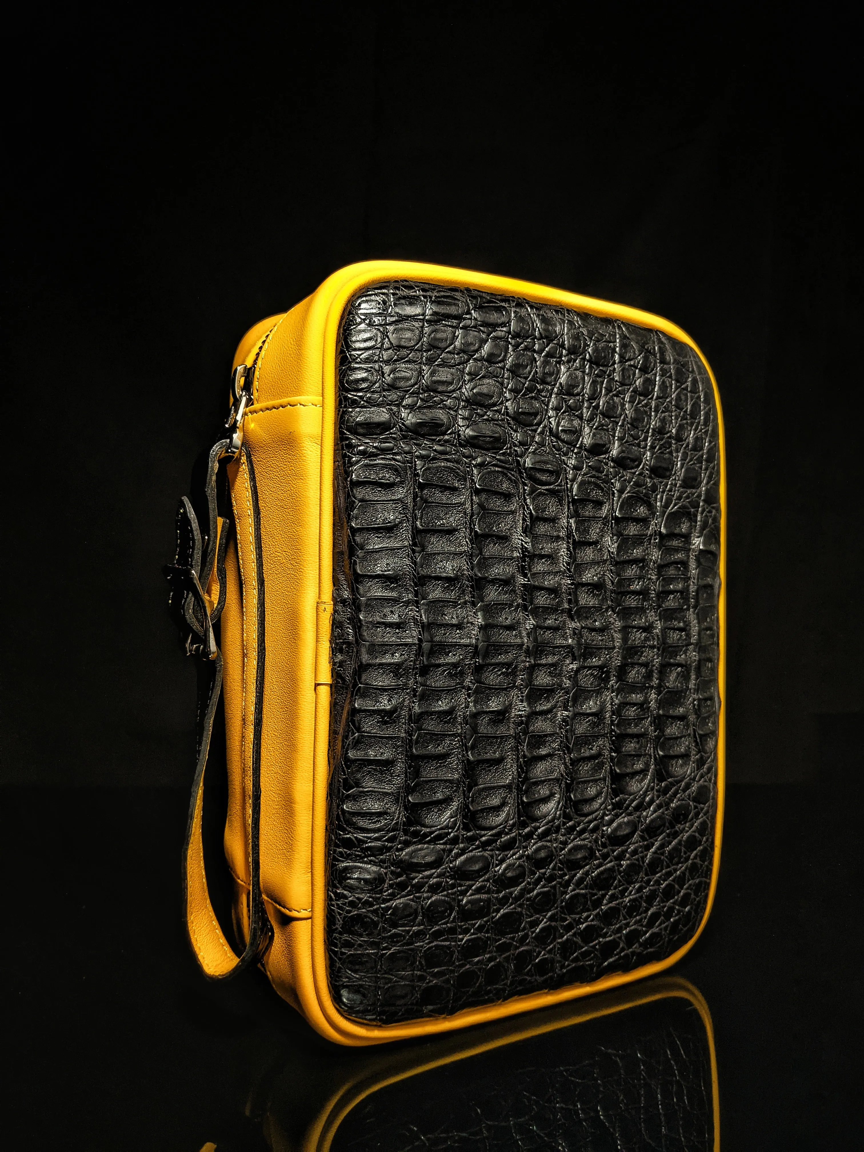 Brizard and Co Geniune Black Caiman Alligator and yellow leather