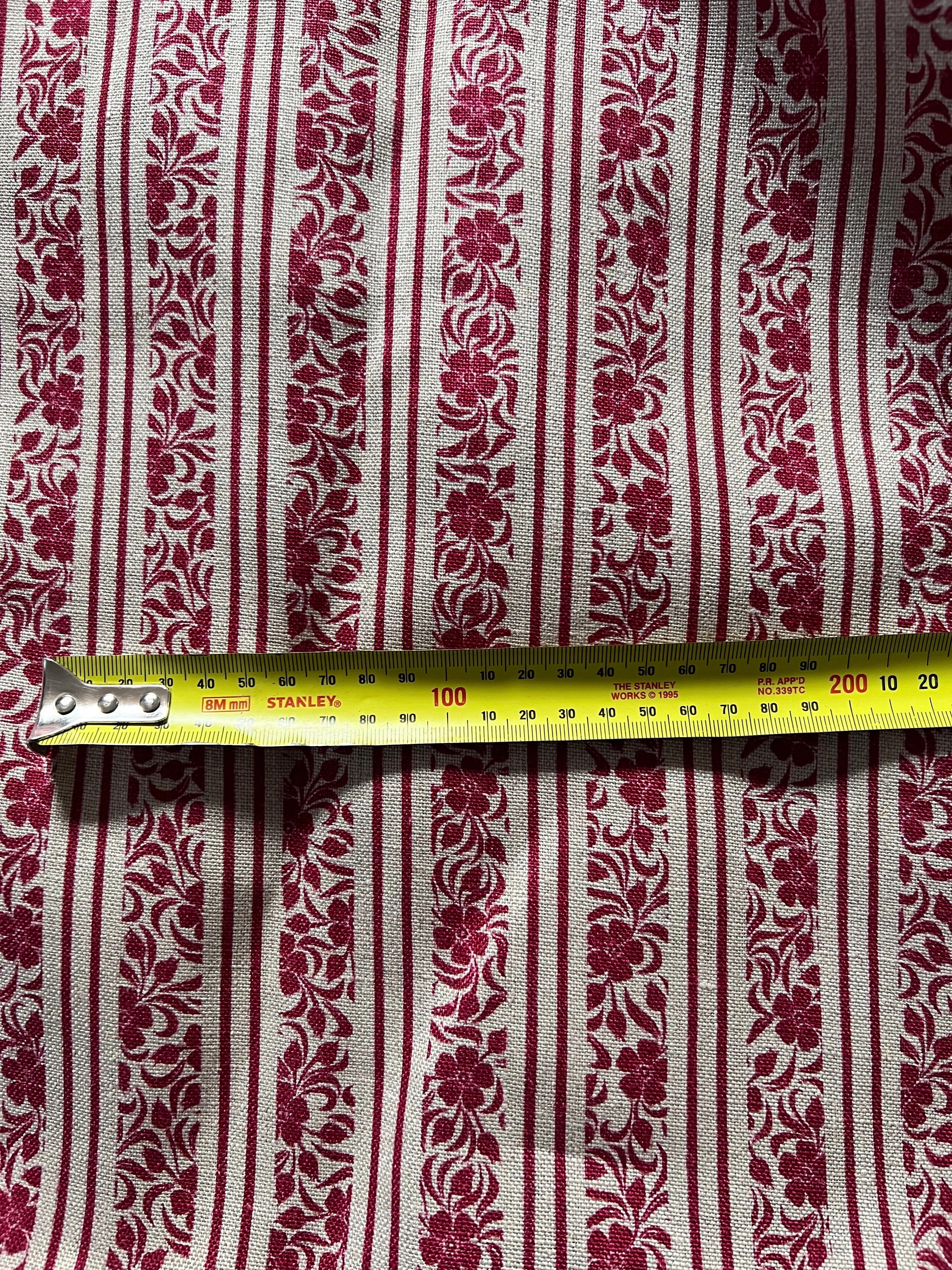 Burgundy Floral Striped Printed Linen 260gsm